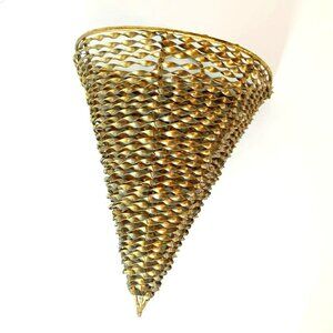 Vintage Midcentury Modern Twisted Gold Metal Wire Cone Wall Pocket Basket
